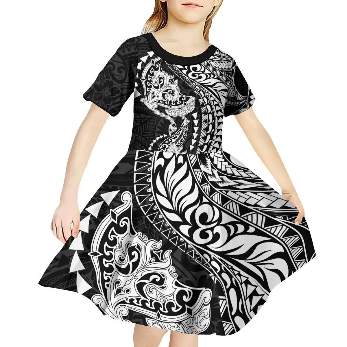 Hawaiian Manta Ray and Hammerhead Shark Tribal Tattoo Kid Short Sleeve Dress with Polynesian Tribal Pattern Black-White Color LT03 - Polynesian Pride