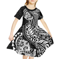 Hawaiian Manta Ray and Hammerhead Shark Tribal Tattoo Kid Short Sleeve Dress with Polynesian Tribal Pattern Black-White Color LT03 - Polynesian Pride