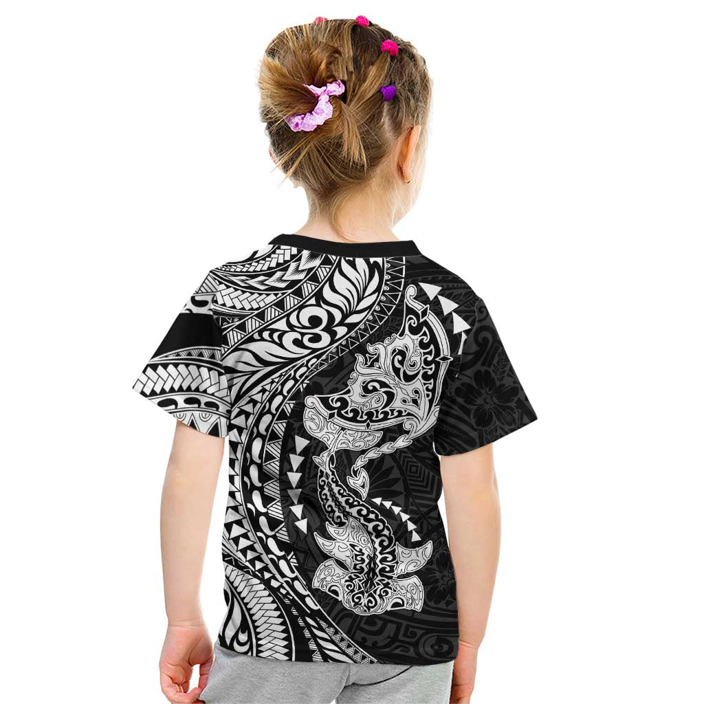 Hawaiian Manta Ray and Hammerhead Shark Tribal Tattoo Kid T Shirt with Polynesian Tribal Pattern Black-White Color LT03 - Polynesian Pride
