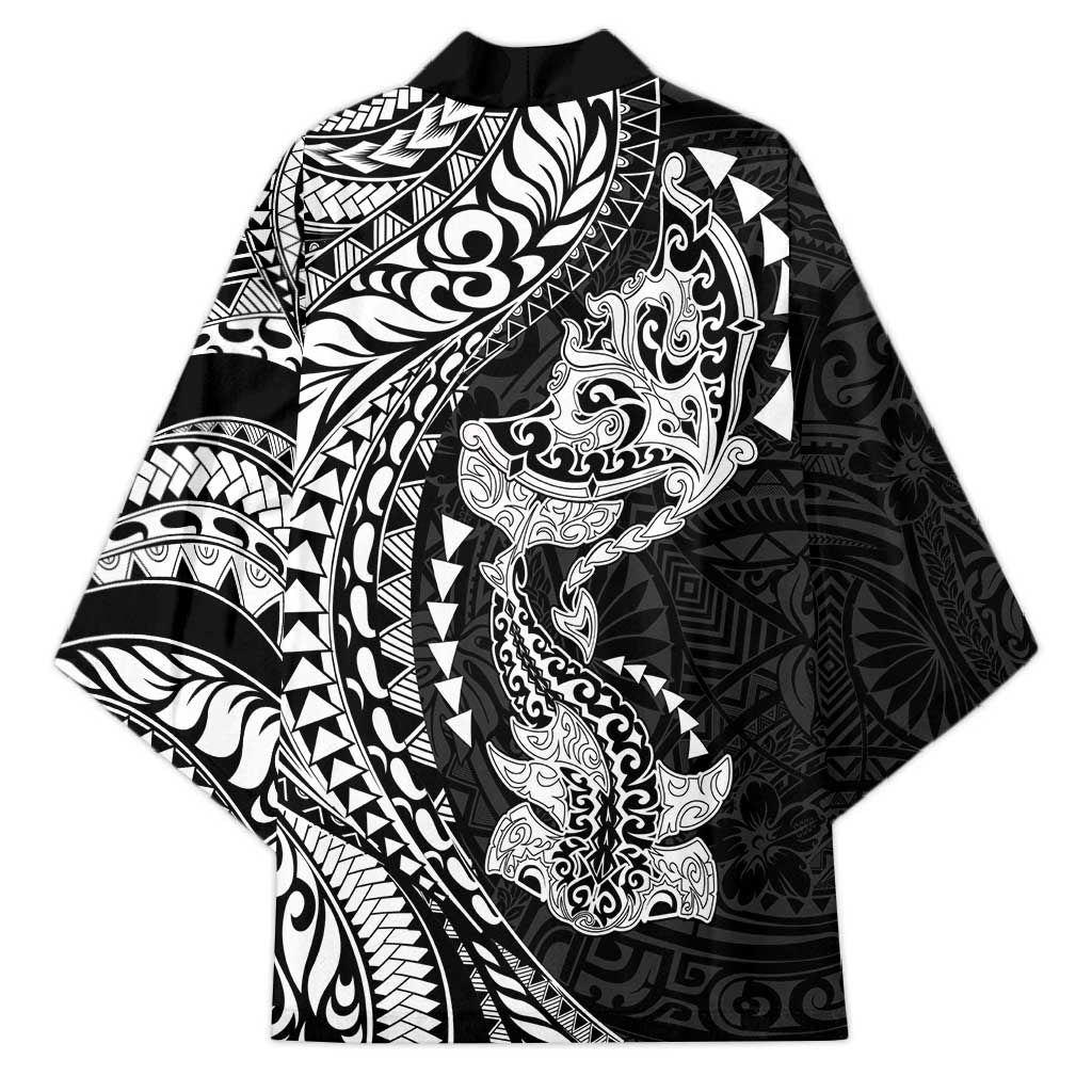 Hawaiian Manta Ray and Hammerhead Shark Tribal Tattoo Kimono with Polynesian Tribal Pattern Black-White Color