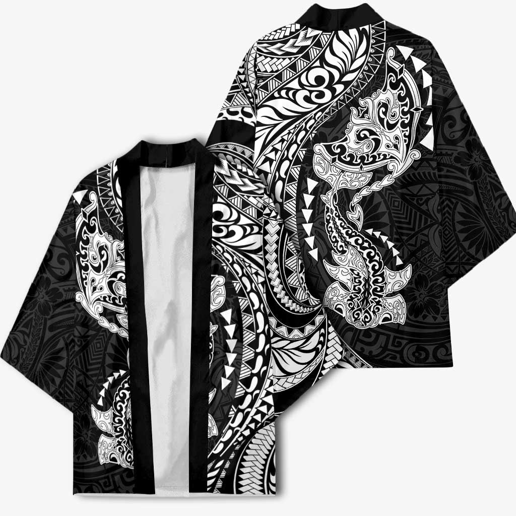 Hawaiian Manta Ray and Hammerhead Shark Tribal Tattoo Kimono with Polynesian Tribal Pattern Black-White Color