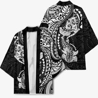Hawaiian Manta Ray and Hammerhead Shark Tribal Tattoo Kimono with Polynesian Tribal Pattern Black-White Color