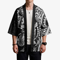 Hawaiian Manta Ray and Hammerhead Shark Tribal Tattoo Kimono with Polynesian Tribal Pattern Black-White Color