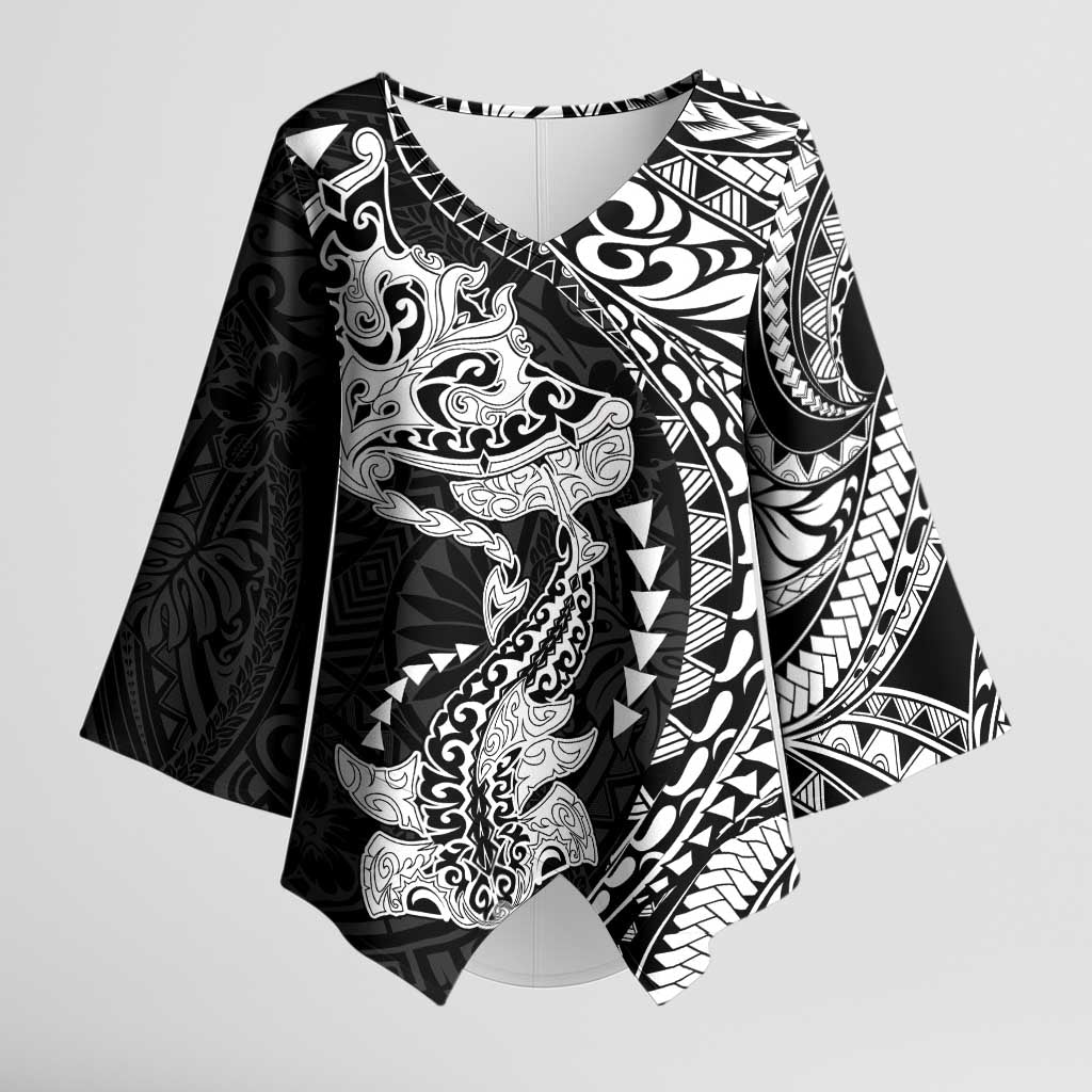 Hawaiian Manta Ray and Hammerhead Shark Tribal Tattoo Kimono Sleeve Blouse with Polynesian Tribal Pattern Black-White Color