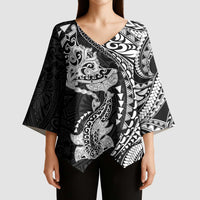 Hawaiian Manta Ray and Hammerhead Shark Tribal Tattoo Kimono Sleeve Blouse with Polynesian Tribal Pattern Black-White Color LT03 - Polynesian Pride