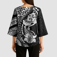 Hawaiian Manta Ray and Hammerhead Shark Tribal Tattoo Kimono Sleeve Blouse with Polynesian Tribal Pattern Black-White Color LT03 - Polynesian Pride
