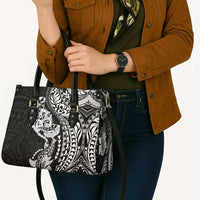 Hawaiian Manta Ray and Hammerhead Shark Tribal Tattoo Leather Bag with Polynesian Tribal Pattern Black-White Color