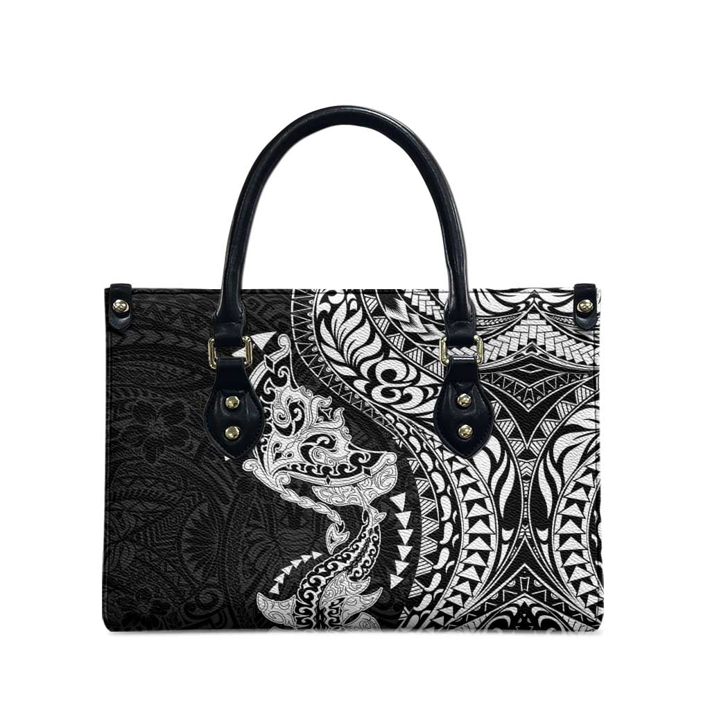 Hawaiian Manta Ray and Hammerhead Shark Tribal Tattoo Leather Bag with Polynesian Tribal Pattern Black-White Color