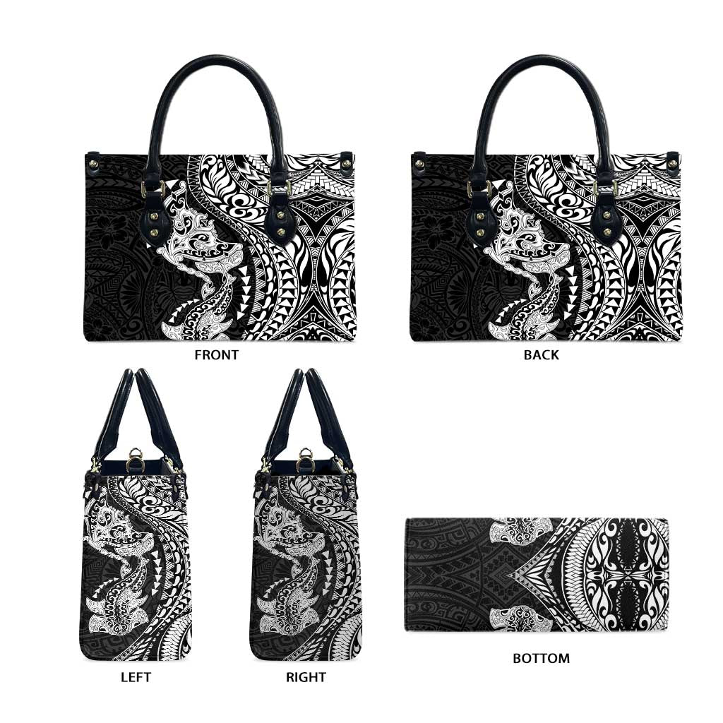 Hawaiian Manta Ray and Hammerhead Shark Tribal Tattoo Leather Bag with Polynesian Tribal Pattern Black-White Color