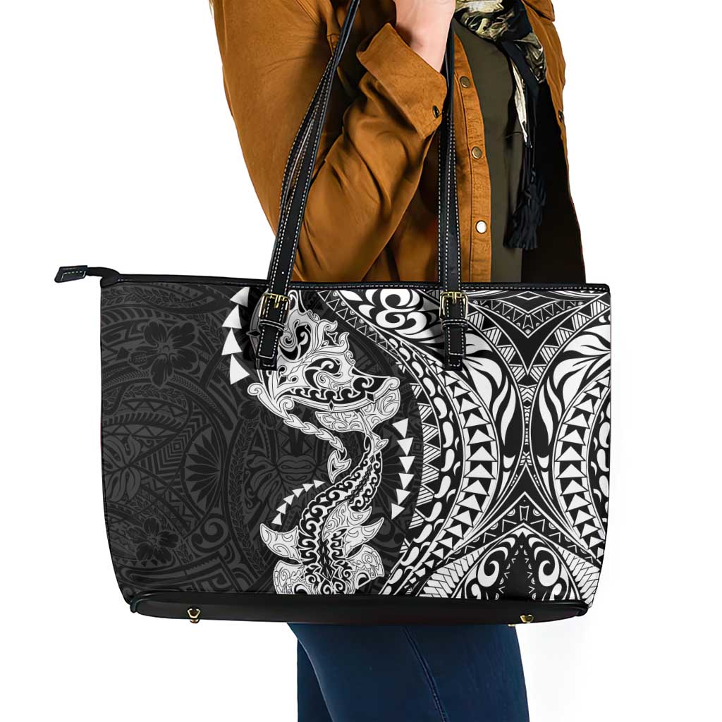 Hawaiian Manta Ray and Hammerhead Shark Tribal Tattoo Leather Tote Bag with Polynesian Tribal Pattern Black-White Color LT03 - Polynesian Pride
