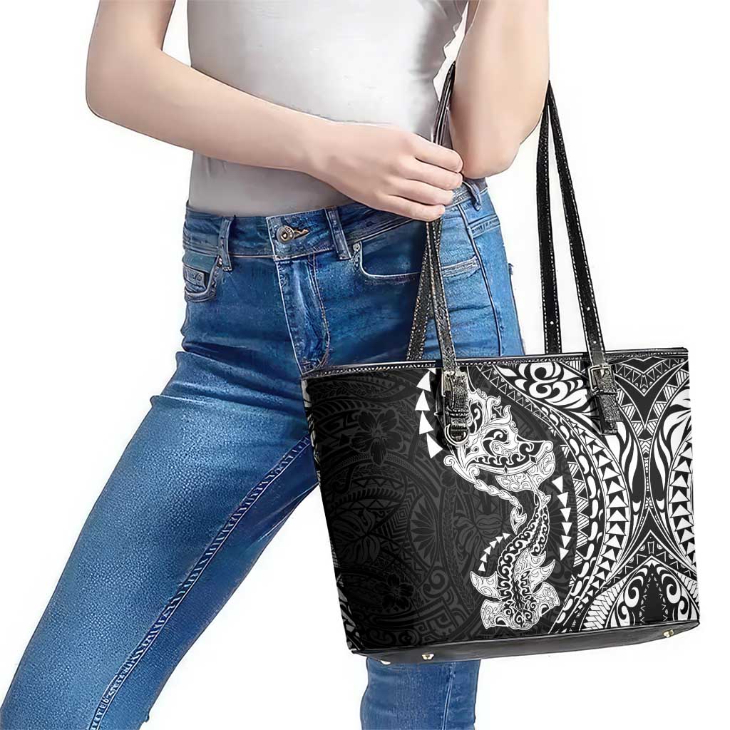 Hawaiian Manta Ray and Hammerhead Shark Tribal Tattoo Leather Tote Bag with Polynesian Tribal Pattern Black-White Color LT03 - Polynesian Pride