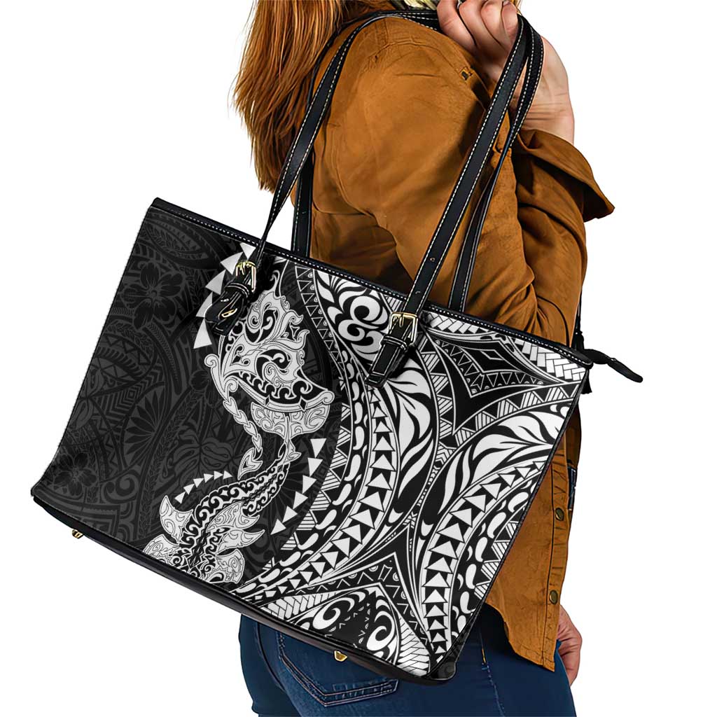 Hawaiian Manta Ray and Hammerhead Shark Tribal Tattoo Leather Tote Bag with Polynesian Tribal Pattern Black-White Color LT03 - Polynesian Pride