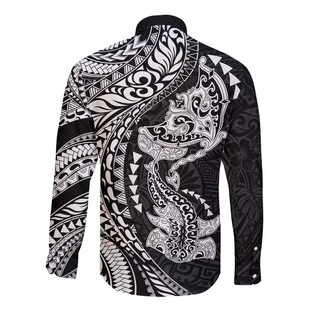 Hawaiian Manta Ray and Hammerhead Shark Tribal Tattoo Long Sleeve Button Shirt with Polynesian Tribal Pattern Black-White Color LT03 - Polynesian Pride