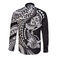 Hawaiian Manta Ray and Hammerhead Shark Tribal Tattoo Long Sleeve Button Shirt with Polynesian Tribal Pattern Black-White Color LT03 - Polynesian Pride
