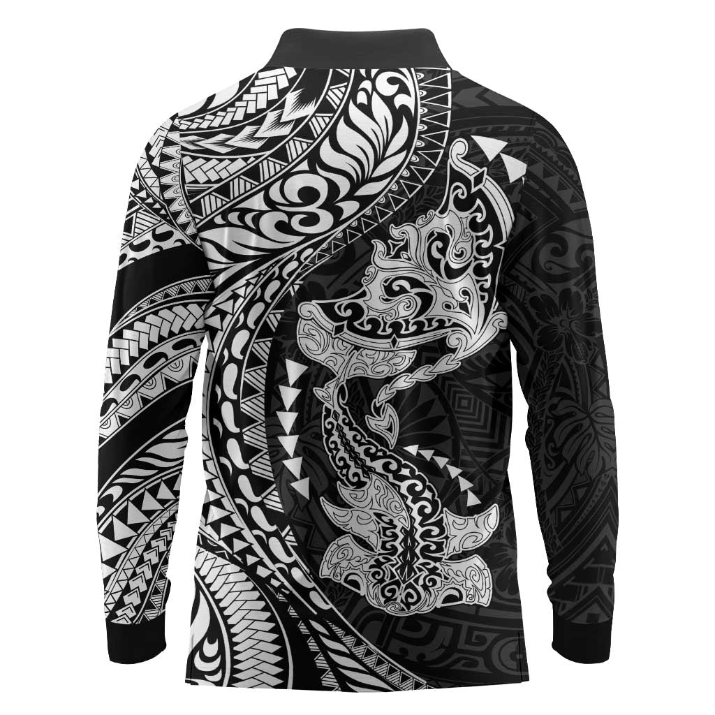 Hawaiian Manta Ray and Hammerhead Shark Tribal Tattoo Long Sleeve Polo Shirt with Polynesian Tribal Pattern Black-White Color LT03 - Polynesian Pride