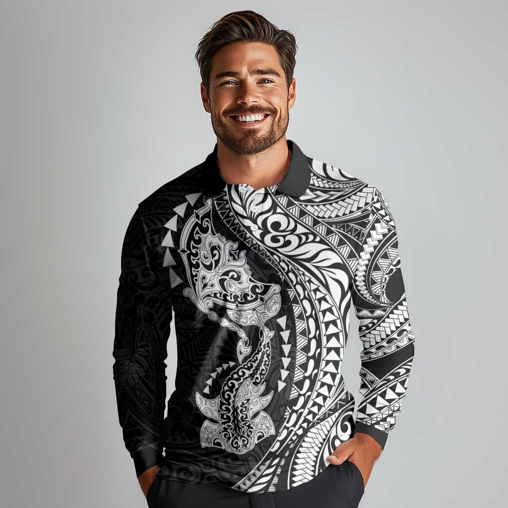 Hawaiian Manta Ray and Hammerhead Shark Tribal Tattoo Long Sleeve Polo Shirt with Polynesian Tribal Pattern Black-White Color LT03 - Polynesian Pride
