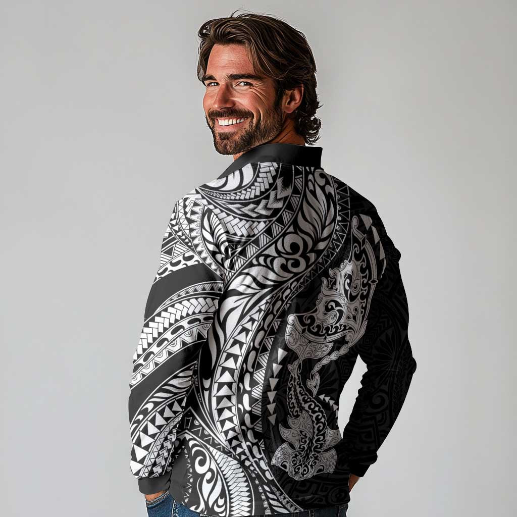 Hawaiian Manta Ray and Hammerhead Shark Tribal Tattoo Long Sleeve Polo Shirt with Polynesian Tribal Pattern Black-White Color LT03 - Polynesian Pride