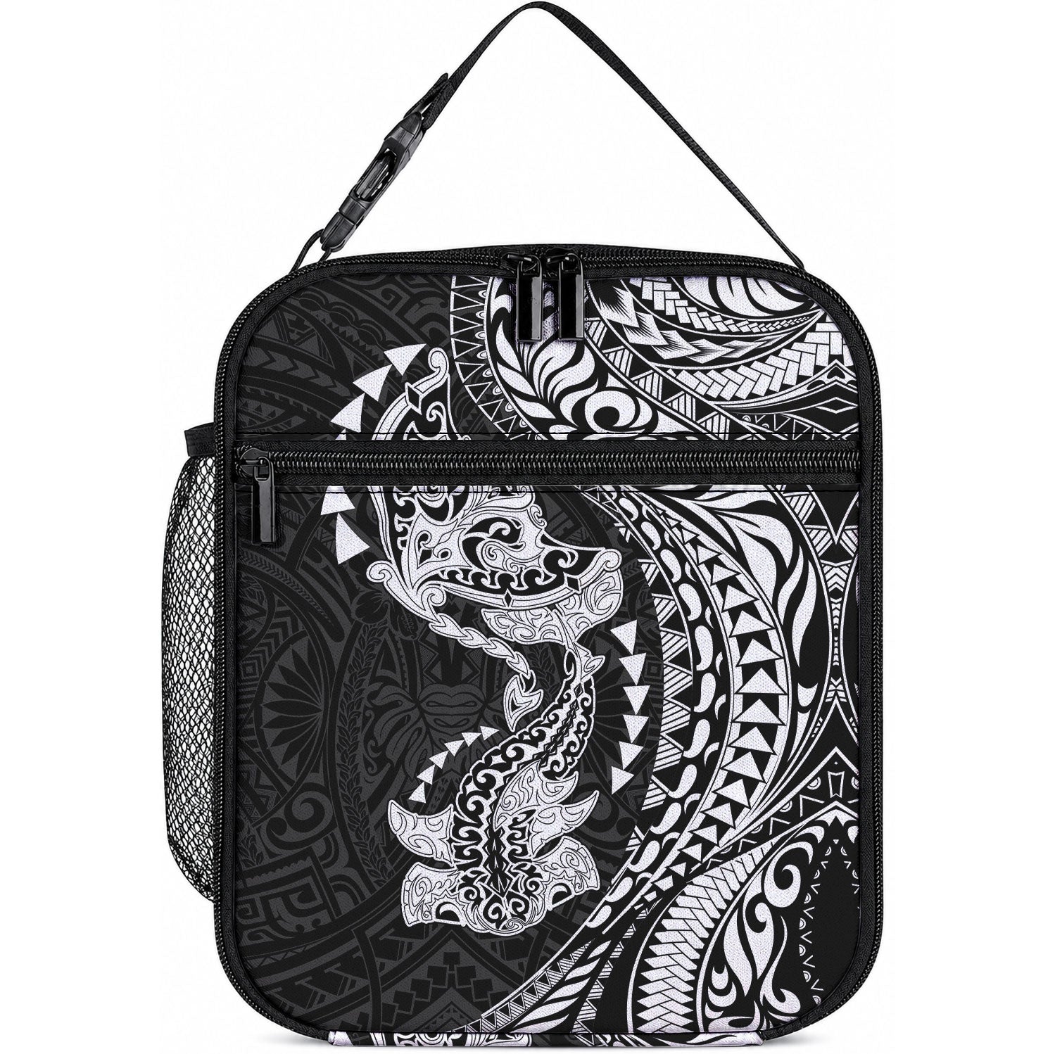 Hawaiian Manta Ray and Hammerhead Shark Tribal Tattoo Lunch Bag with Polynesian Tribal Pattern Black-White Color