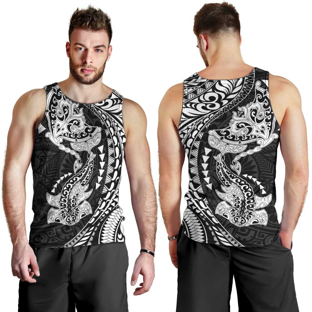 Hawaiian Manta Ray and Hammerhead Shark Tribal Tattoo Men Tank Top with Polynesian Tribal Pattern Black-White Color LT03 - Polynesian Pride