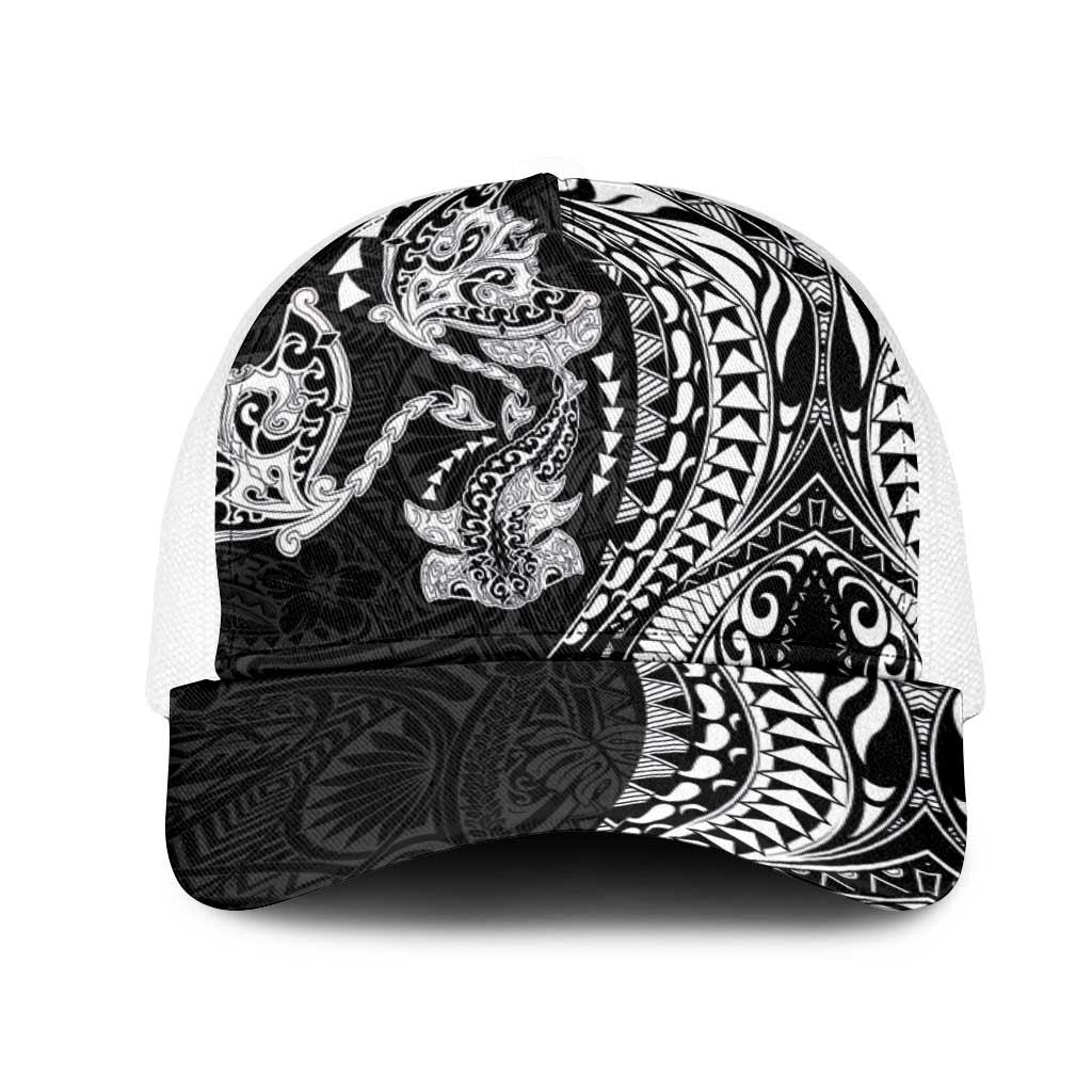 Hawaiian Manta Ray and Hammerhead Shark Tribal Tattoo Mesh Trucker Cap with Polynesian Tribal Pattern Black-White Color