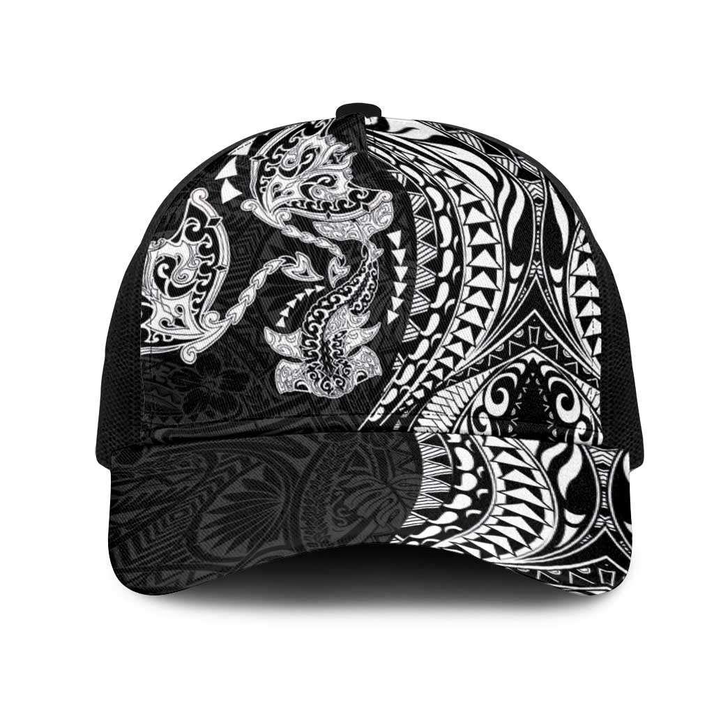 Hawaiian Manta Ray and Hammerhead Shark Tribal Tattoo Mesh Trucker Cap with Polynesian Tribal Pattern Black-White Color