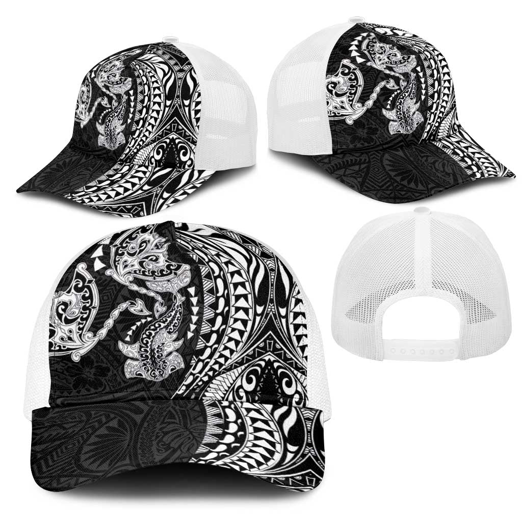 Hawaiian Manta Ray and Hammerhead Shark Tribal Tattoo Mesh Trucker Cap with Polynesian Tribal Pattern Black-White Color