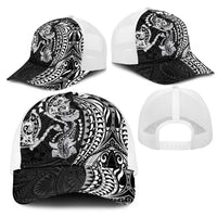 Hawaiian Manta Ray and Hammerhead Shark Tribal Tattoo Mesh Trucker Cap with Polynesian Tribal Pattern Black-White Color