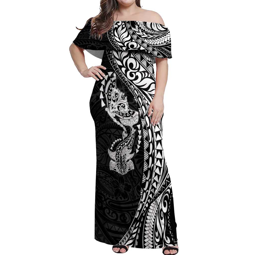 Hawaiian Manta Ray and Hammerhead Shark Tribal Tattoo Off Shoulder Maxi Dress with Polynesian Tribal Pattern Black-White Color LT03 Women Multicolor - Polynesian Pride