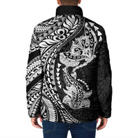 Hawaiian Manta Ray and Hammerhead Shark Tribal Tattoo Padded Jacket with Polynesian Tribal Pattern Black-White Color