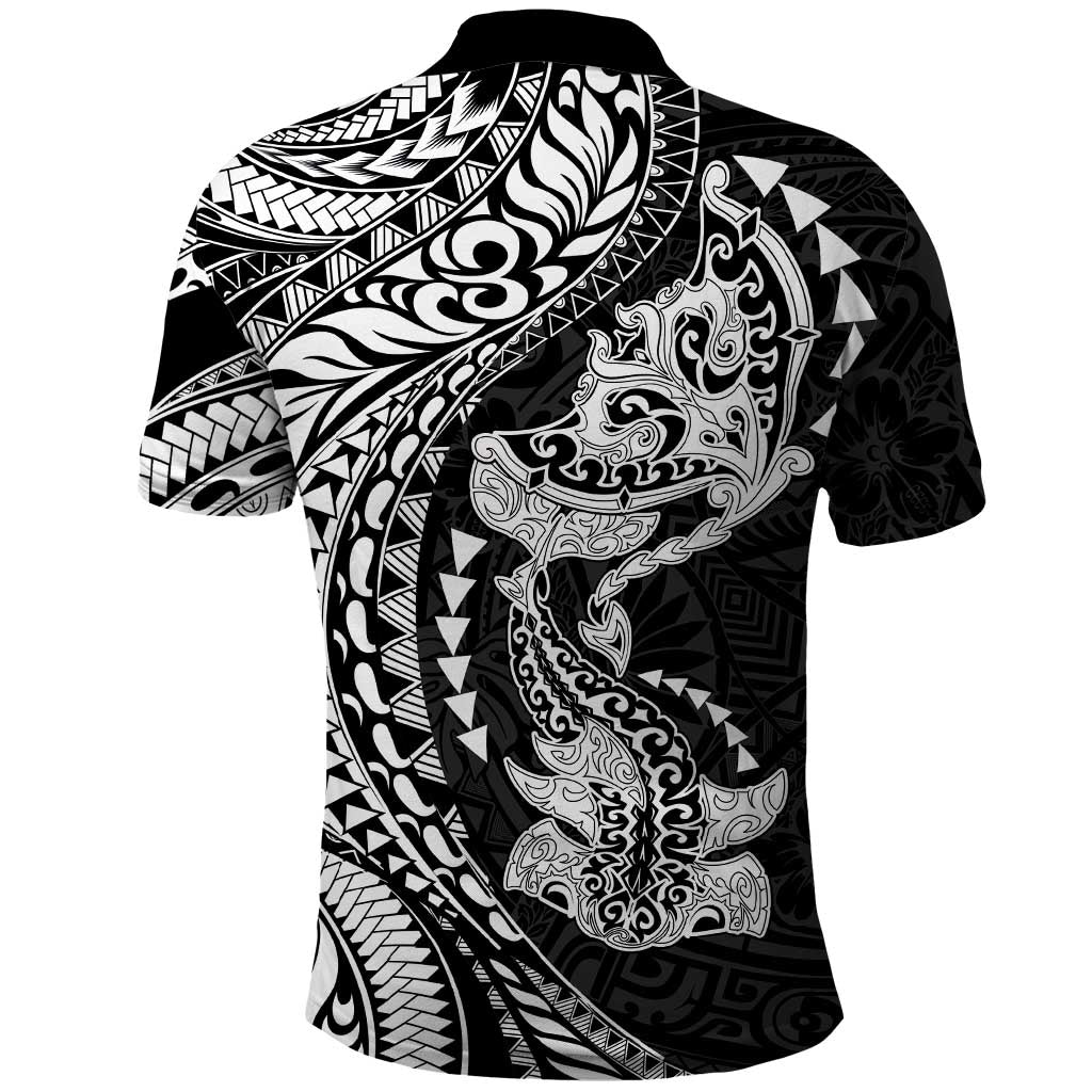 Hawaiian Manta Ray and Hammerhead Shark Tribal Tattoo Polo Shirt with Polynesian Tribal Pattern Black-White Color LT03 - Polynesian Pride