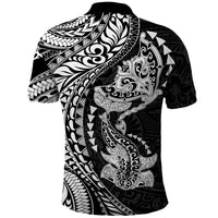 Hawaiian Manta Ray and Hammerhead Shark Tribal Tattoo Polo Shirt with Polynesian Tribal Pattern Black-White Color LT03 - Polynesian Pride