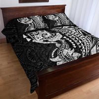 Hawaiian Manta Ray and Hammerhead Shark Tribal Tattoo Quilt Bed Set with Polynesian Tribal Pattern Black-White Color