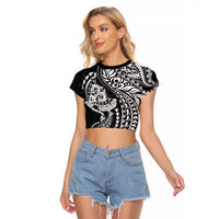 Hawaiian Manta Ray and Hammerhead Shark Tribal Tattoo Raglan Cropped T Shirt with Polynesian Tribal Pattern Black-White Color LT03 Female Multicolor - Polynesian Pride