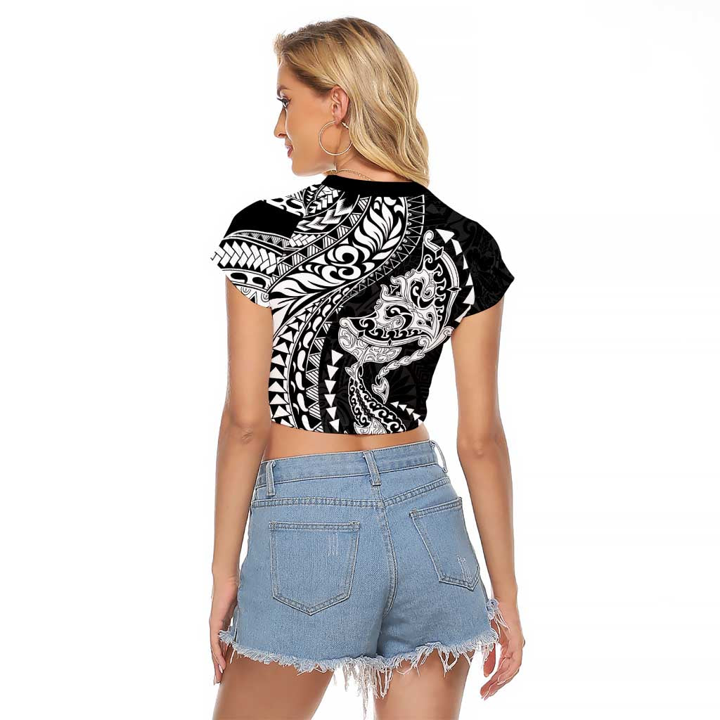 Hawaiian Manta Ray and Hammerhead Shark Tribal Tattoo Raglan Cropped T Shirt with Polynesian Tribal Pattern Black-White Color LT03 - Polynesian Pride