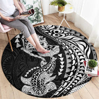 Hawaiian Manta Ray and Hammerhead Shark Tribal Tattoo Round Carpet with Polynesian Tribal Pattern Black-White Color