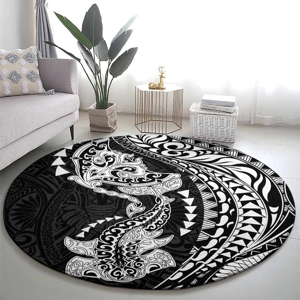 Hawaiian Manta Ray and Hammerhead Shark Tribal Tattoo Round Carpet with Polynesian Tribal Pattern Black-White Color