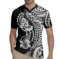 Hawaiian Manta Ray and Hammerhead Shark Tribal Tattoo Rugby Jersey with Polynesian Tribal Pattern Black-White Color LT03 - Polynesian Pride
