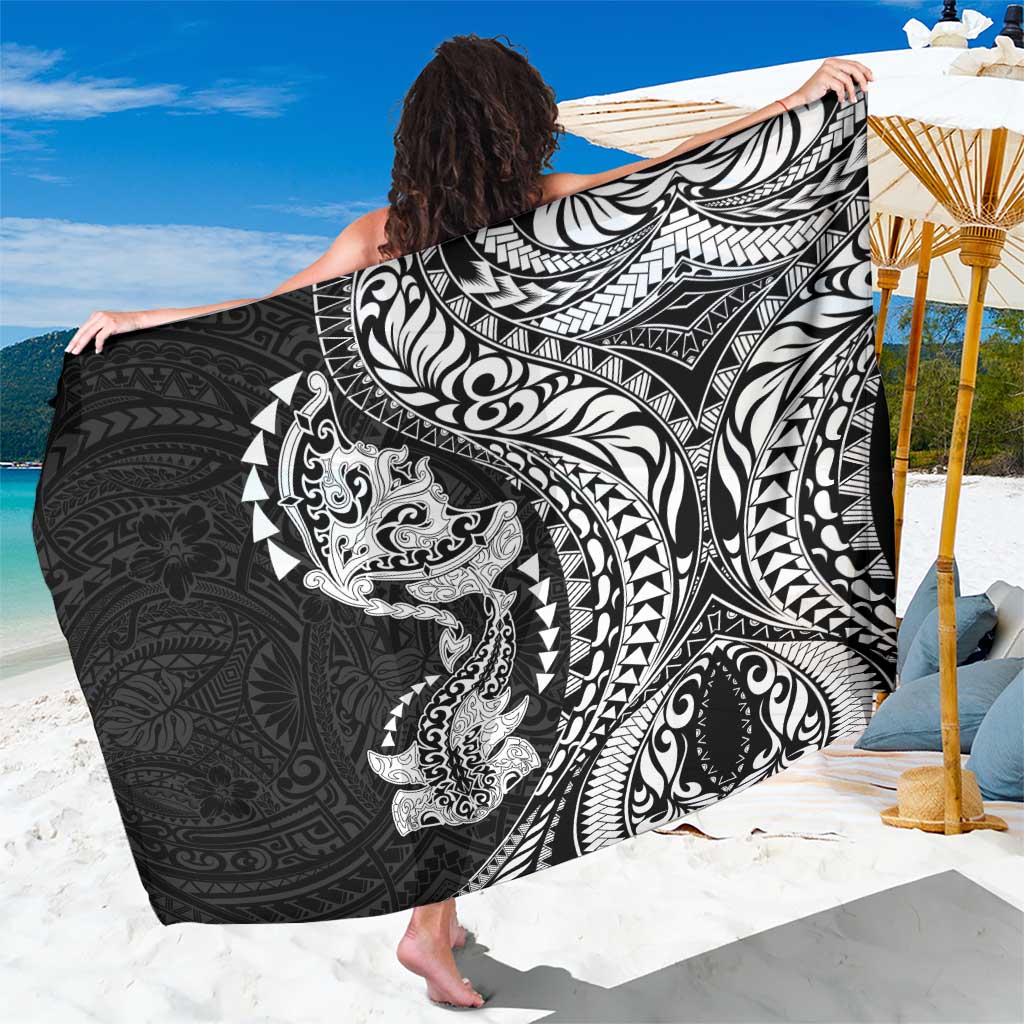 Hawaiian Manta Ray and Hammerhead Shark Tribal Tattoo Sarong with Polynesian Tribal Pattern Black-White Color