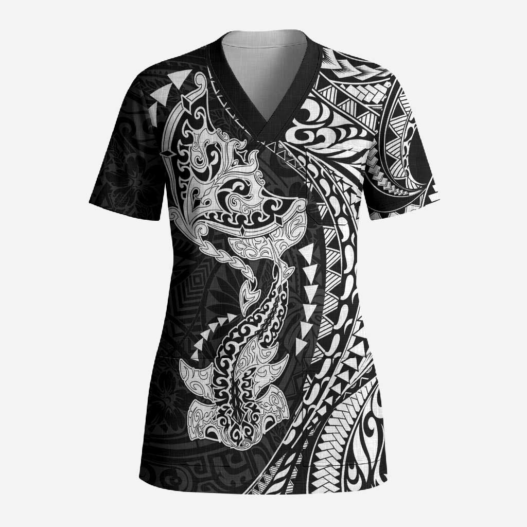 Hawaiian Manta Ray and Hammerhead Shark Tribal Tattoo Scrub Top with Polynesian Tribal Pattern Black-White Color