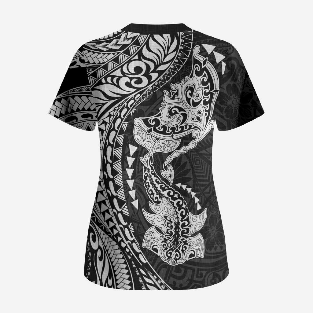 Hawaiian Manta Ray and Hammerhead Shark Tribal Tattoo Scrub Top with Polynesian Tribal Pattern Black-White Color