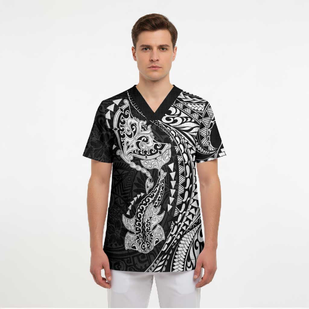 Hawaiian Manta Ray and Hammerhead Shark Tribal Tattoo Scrub Top with Polynesian Tribal Pattern Black-White Color
