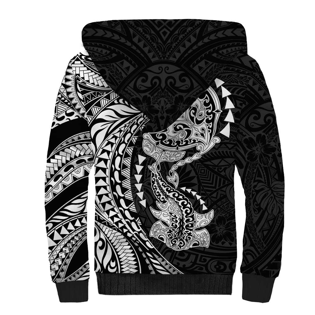 Hawaiian Manta Ray and Hammerhead Shark Tribal Tattoo Sherpa Hoodie with Polynesian Tribal Pattern Black-White Color LT03 - Polynesian Pride