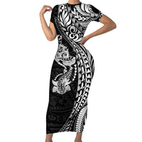 Hawaiian Manta Ray and Hammerhead Shark Tribal Tattoo Short Sleeve Bodycon Dress with Polynesian Tribal Pattern Black-White Color LT03 Long Dress Multicolor - Polynesian Pride