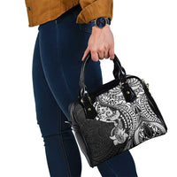 Hawaiian Manta Ray and Hammerhead Shark Tribal Tattoo Shoulder Handbag with Polynesian Tribal Pattern Black-White Color
