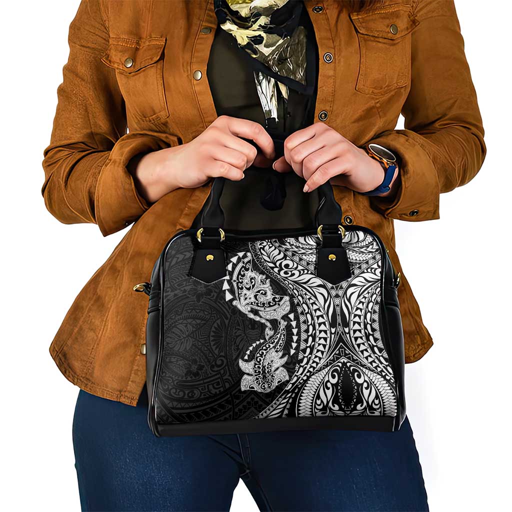 Hawaiian Manta Ray and Hammerhead Shark Tribal Tattoo Shoulder Handbag with Polynesian Tribal Pattern Black-White Color