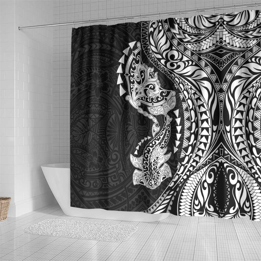 Hawaiian Manta Ray and Hammerhead Shark Tribal Tattoo Shower Curtain with Polynesian Tribal Pattern Black-White Color LT03 - Polynesian Pride
