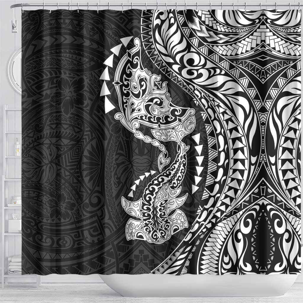 Hawaiian Manta Ray and Hammerhead Shark Tribal Tattoo Shower Curtain with Polynesian Tribal Pattern Black-White Color LT03 - Polynesian Pride