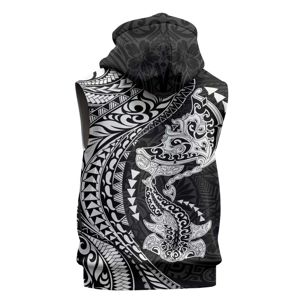 Hawaiian Manta Ray and Hammerhead Shark Tribal Tattoo Sleeveless Hoodie with Polynesian Tribal Pattern Black-White Color LT03 - Polynesian Pride