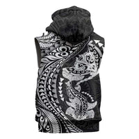 Hawaiian Manta Ray and Hammerhead Shark Tribal Tattoo Sleeveless Hoodie with Polynesian Tribal Pattern Black-White Color LT03 - Polynesian Pride
