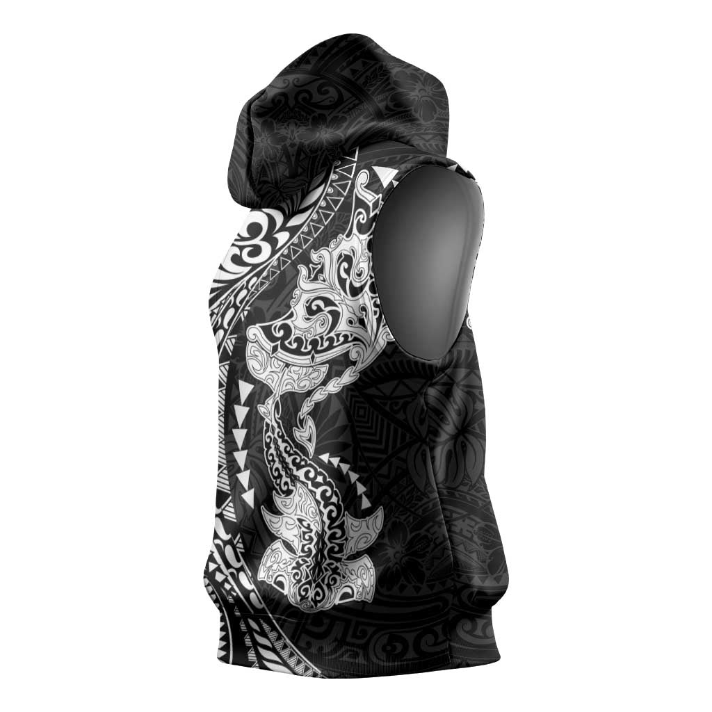 Hawaiian Manta Ray and Hammerhead Shark Tribal Tattoo Sleeveless Hoodie with Polynesian Tribal Pattern Black-White Color LT03 - Polynesian Pride